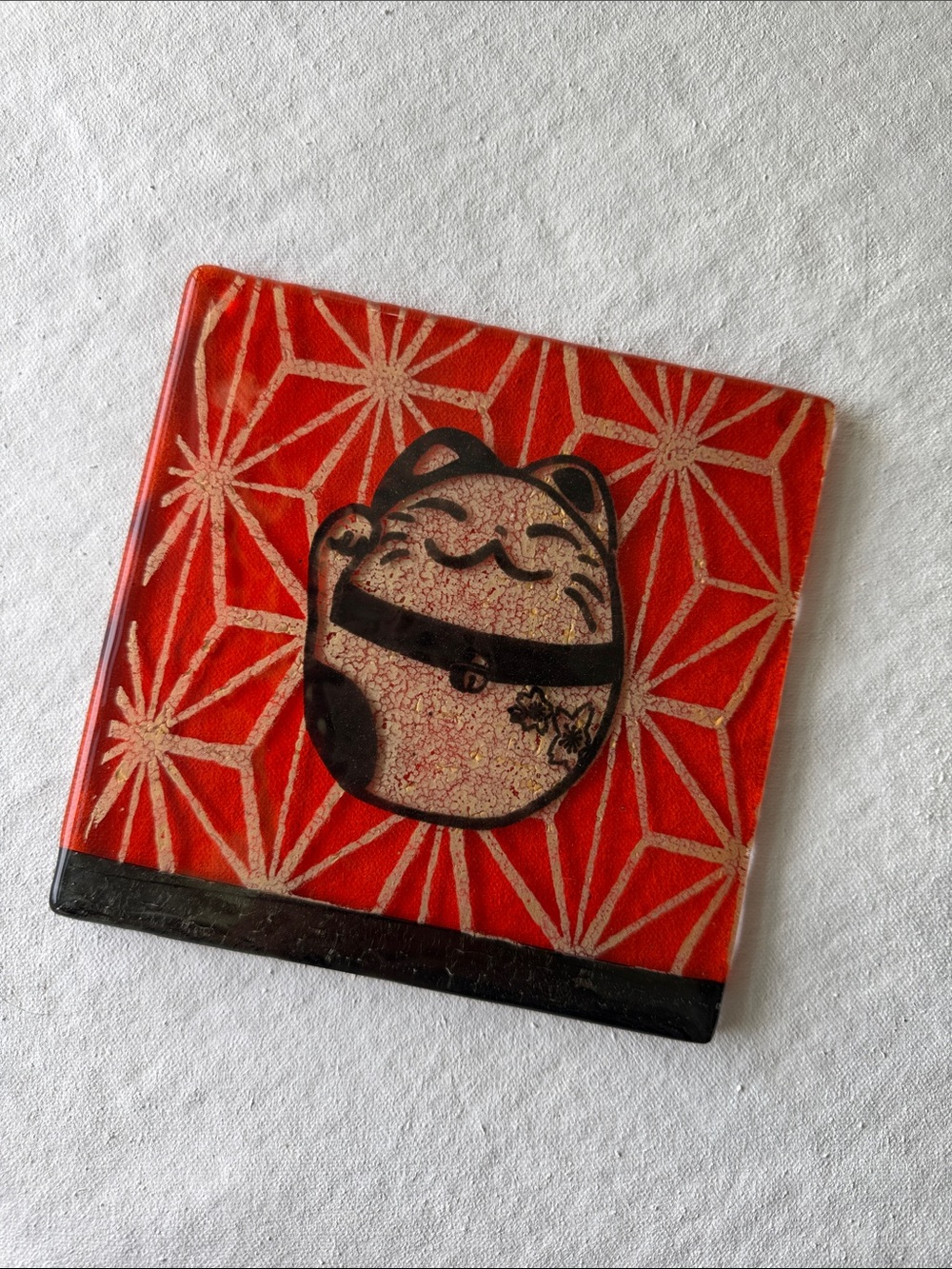 Maneki Neko Glass Coaster - Red Lucky Cat Design